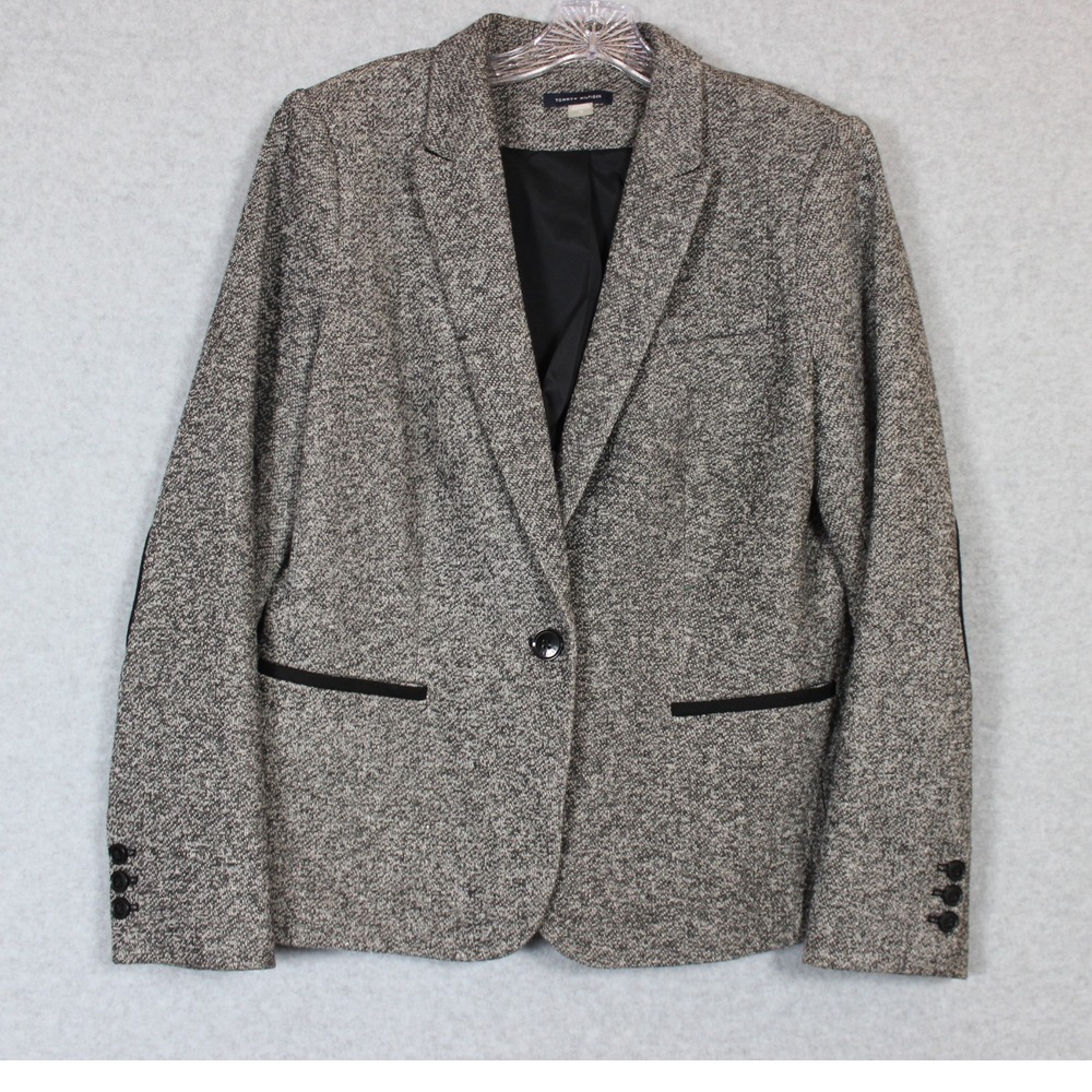 Tommy‎ Hilfiger Women's Blazer Jacket Black Gray Elbow Patches Size 14